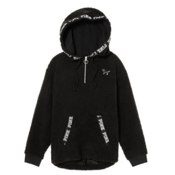 Victoria’s Secret PINK Bling Black Half-Zip Pullover Sherpa Hoodie, Small - Picture 2 of 10